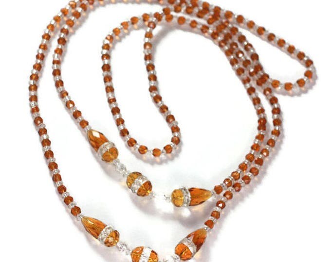 Art Deco Flapper Necklace Topaz and Clear Crystal Glass Beads Vintage