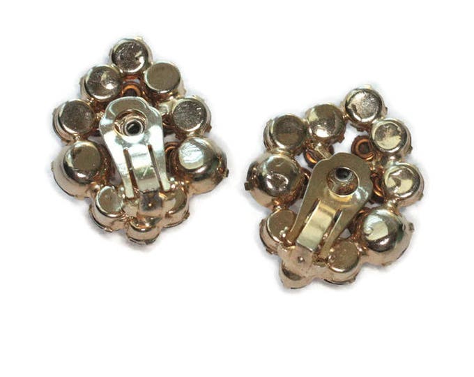 Golden Brown and Clear AB Rhinestone Earrings Layered Dimensional Clusters Clip On Style Vintage