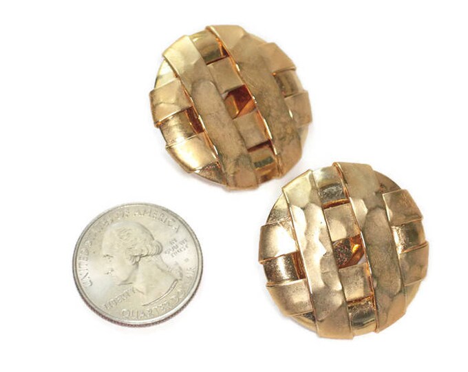 Woven Design Large Circle Earrings Hammered Finish Clip On Vintage