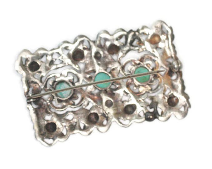 835 Silver Open Work Repousse Brooch Turquoise Cabochons Art Deco Era Signed Vintage