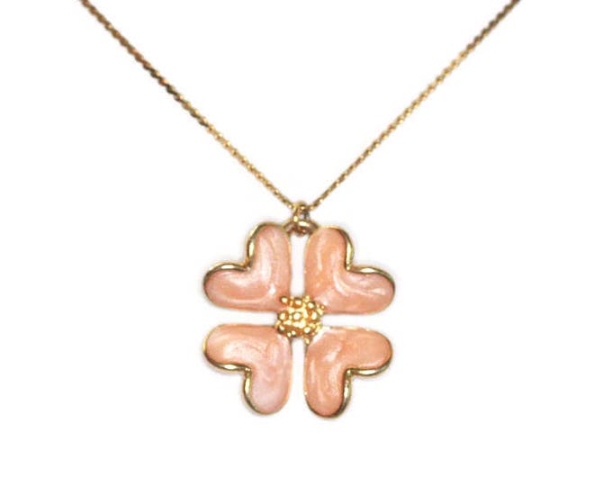 Pink Enameled Four Leaf Clover Pendant Necklace Gold Tone ChainVintage