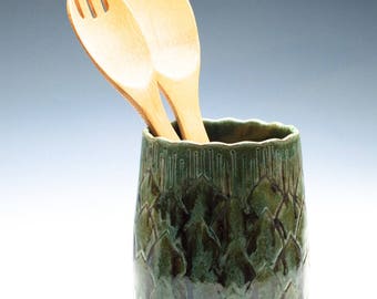 Golden Green Artichoke Utensil / Brush / Knitting Needles Caddy / Ceramic Vase