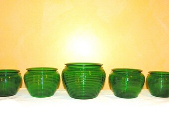 Forest Green Glass Ribbed Planters, Set of 5, 1-Large, 2-Medium and 2-Small, by National Glass Co.