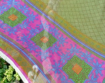 Vintage Silk Sari Scarf - Pink Magenta and Green - Over 5 Yards Long