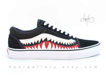 Custom Vans Shoes - Hand Painted Shark Teeth - Old Skools with Teeth Painting and Initials on Heels