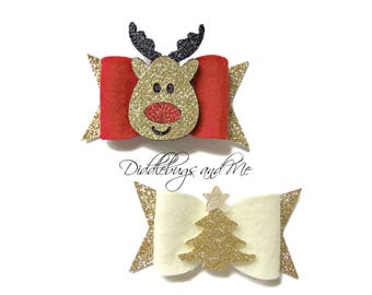 Christmas Hair Bow, Felt Hair Bow, Reindeer Hair Bow, Christmas White Tree Bow, Red and Gold Bow, Holiday Hair Bows, Toddler Hair Bow