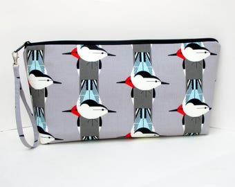 Large Zippered Project Bag, Upside Downside Gray Bird Stripe Charley Harper, Wedge Bag