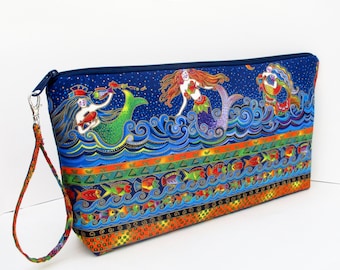 Zippered Project Bag, Mermaid Sea Spirits, Laurel Burch Mermaids Blue Zipper Pouch XL