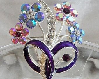 SALE Vintage Flower Bouquet Brooch. Clear, Blue, Pink, Purple AB Rhinestone Floral Pin.