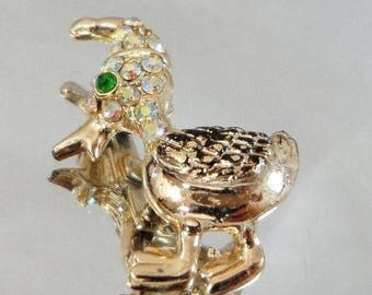 SALE SALE Vintage Rhinestone Duck Brooch. Gold Silver Tone AB Rhinestone Duck Pin.