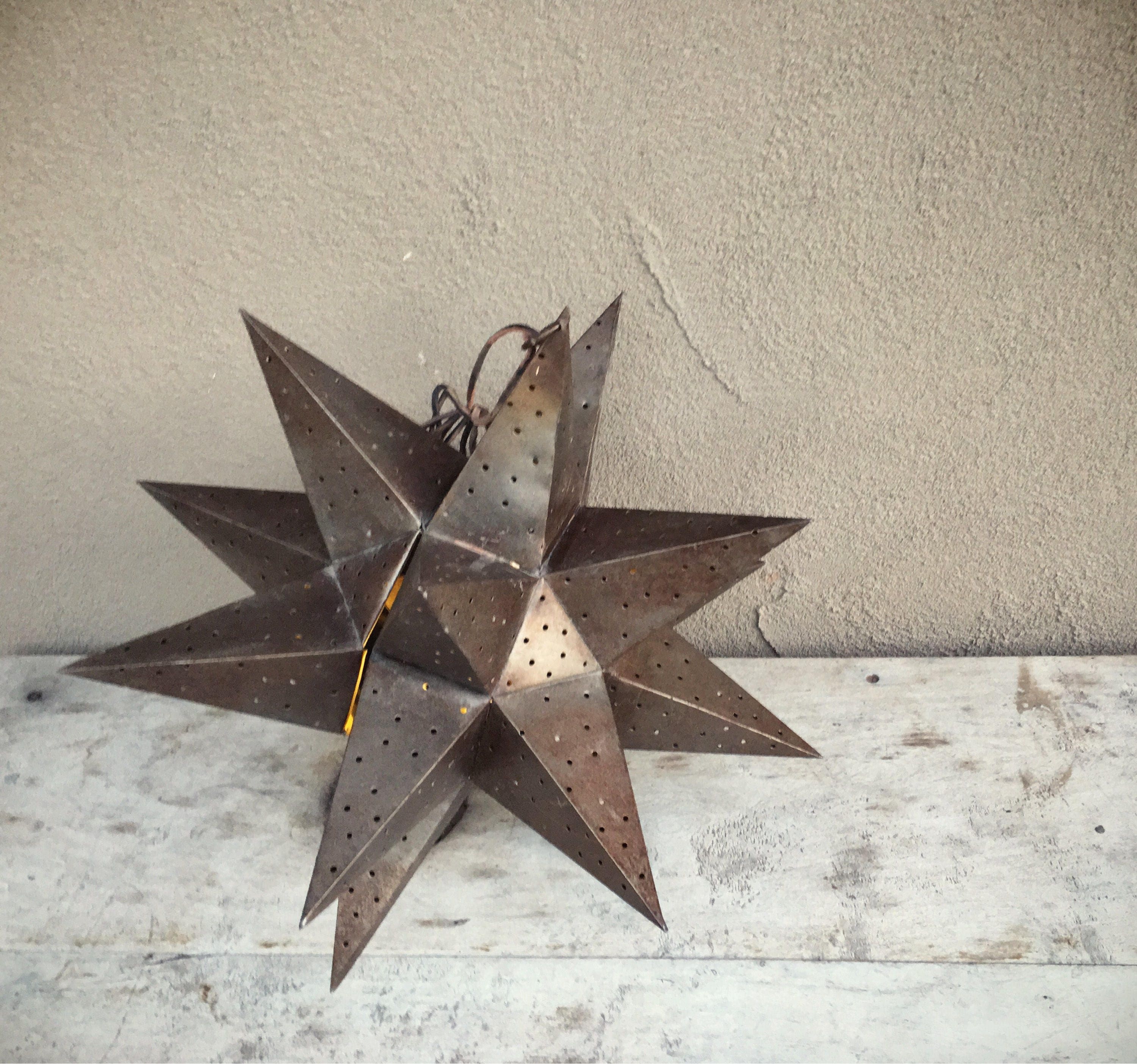 Large vintage punched metal star candle holder Moravian star rustic