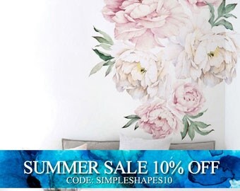 Peony Flowers Wall Sticker, Vintage Watercolor Peony Wall Stickers - Peel and Stick Removable Stickers