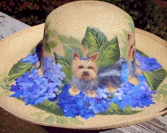 CUSTOM ~ Yorkie Hand Painted Straw Hat ~ Yorkshire Terrier ~ Pet Keepsake ~ Birthday Gift ~ Yorkie Owner Gift ~ OOAK