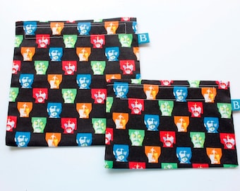 Reuseable Eco-Friendly Set of Snack and Sandwich Bags in Beatles Fabric