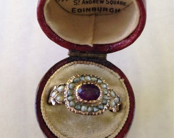 Antique Georgian Amethyst & Seed Pearl Ring in 14k Gold - Sz 7.25