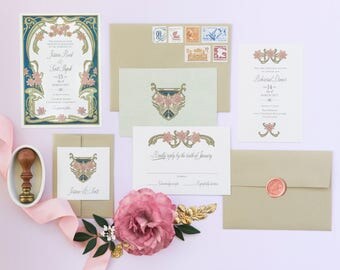 Wedding Invitations, Wedding Invitation Set, Greenery Wedding Invitation, Art Deco Wedding, Art Nouveau Inspired - Le Marguerite