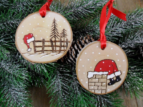 Santa Wood Burned Birch Slice Christmas Ornament Hand Burned