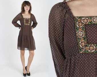 Brown Dress Prairie Dress Puff Sleeve Dress Floral Dress Boho Dress Vintage 70s Dress Swiss Dot Bib Embroidered Hippie Mini Dress S