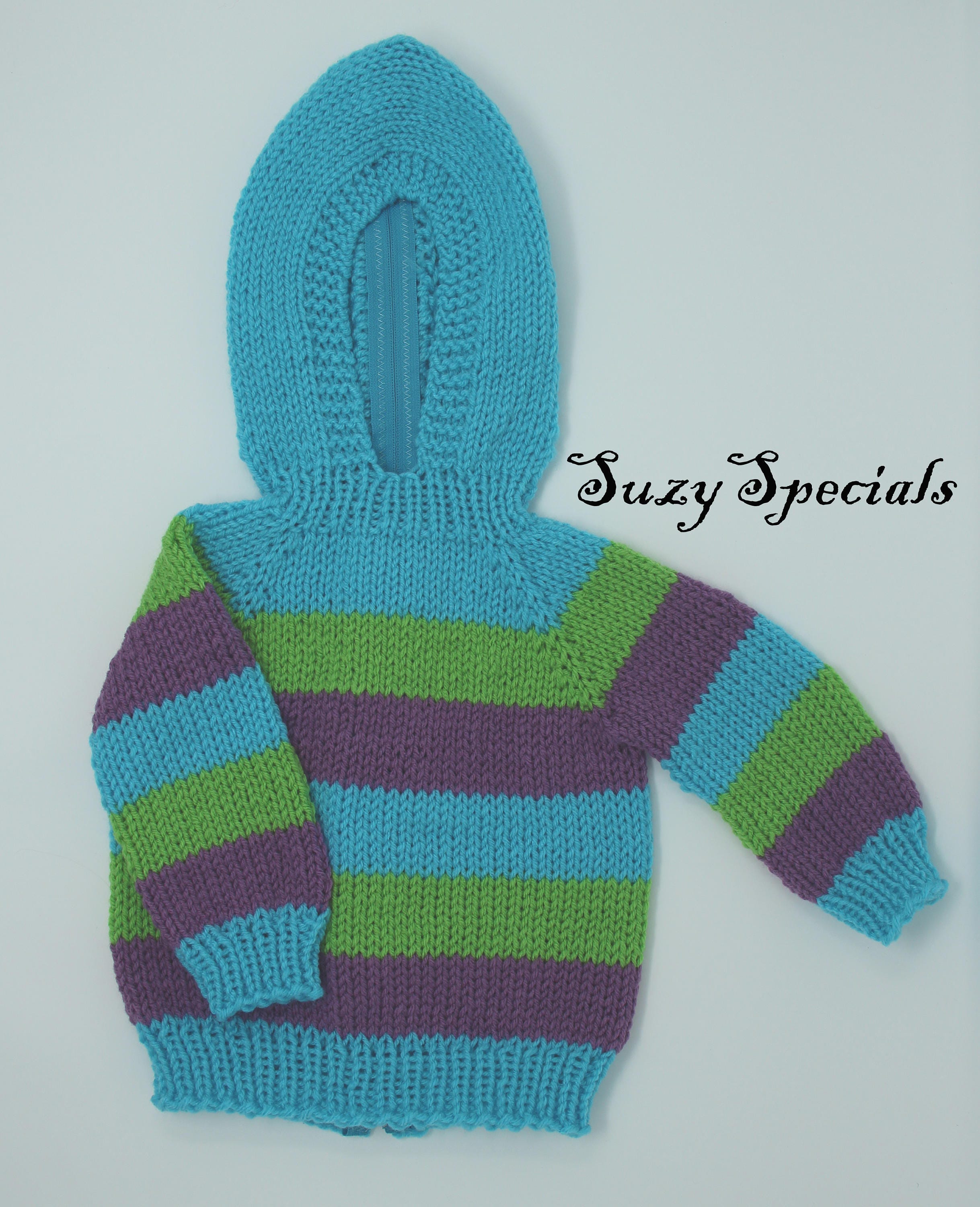 Hand Knitted Baby Sweater with Back Zipper in Blue, Green and ...
