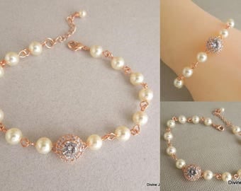 rose gold bracelet, Pearl bracelet, bridal bracelet, wedding bracelet, swarovski pearl bracelet, rhinestone bracelet, crystal bracelet, ZOE