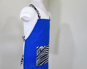 Childrens Apron - A solidy Blue Beauty with a Zebra print on the straps and pocket, great for cooking, arts and crafts or painting