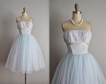 50's Prom Dress // Vintage 1950's Strapless Baby Blue Chiffon Garden Party Prom Wedding Dress S