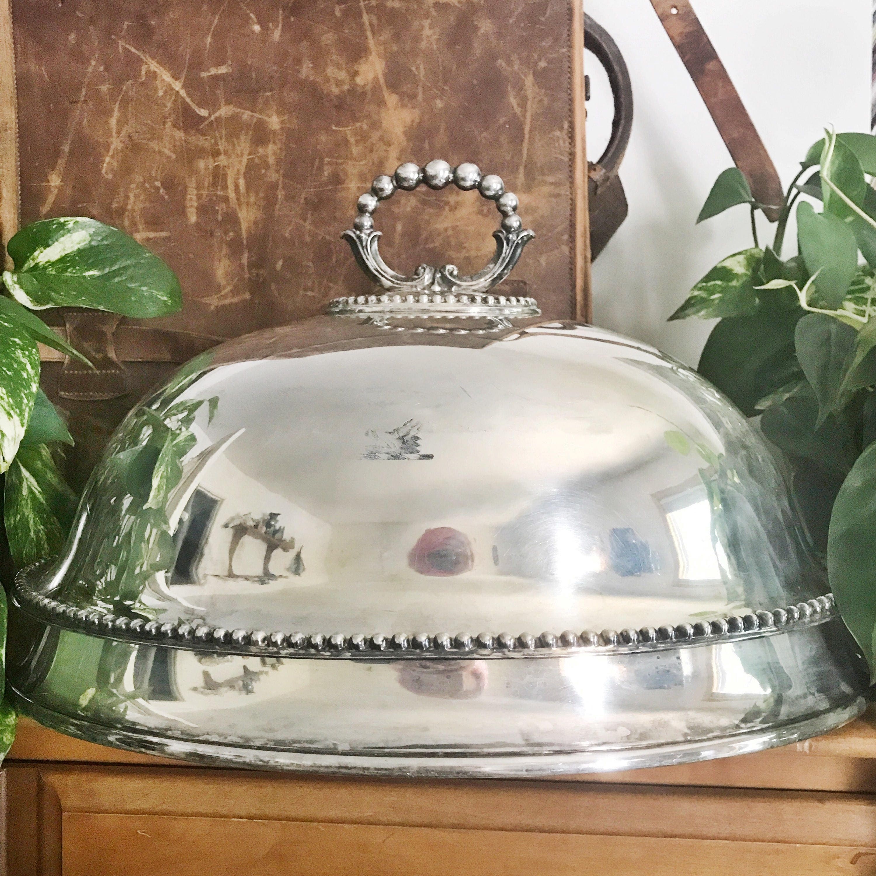Huge Antique English Silver Plate Food Dome with Armorial Boar