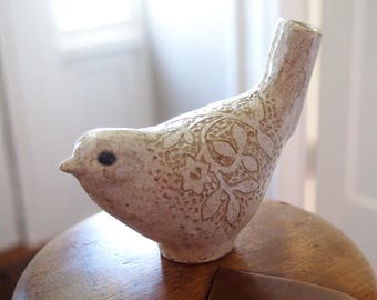 Bird Whistle/Clay Whistle Hand Carved with Soft Brown and White Flower Vines
