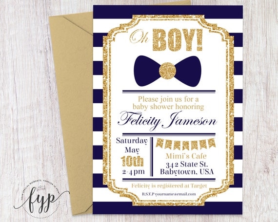 Navy and Gold Baby Shower Invitation, Boys Baby Shower Invitation, Gold Glitter Baby Shower Invite, Printable Baby Shower, Bow Tie Il_570xn