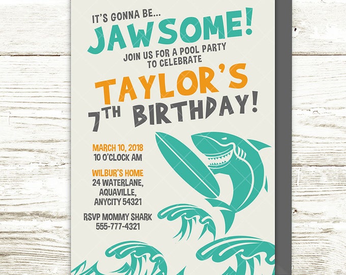 Shark Party Invitation, Shark Surfing Invitation, Swimming Party, Shark Pool Party Jawsome Birthday Party Printable Invitation