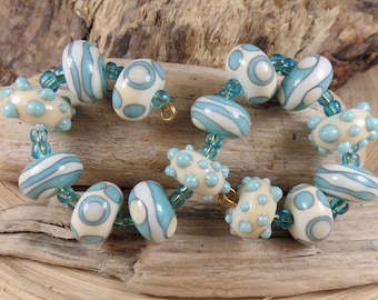 Lampwork BeadSet: 14 handmade glass beads, light turquoise & ivory