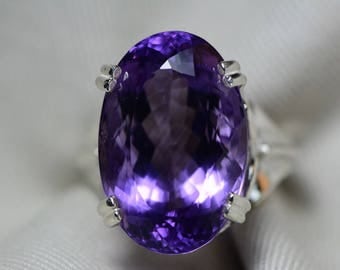 Amethyst Ring, Certified 21.19 Carat Amethyst Ring Appraised At 1,050.00 Sterling Silver Size 7, February Birthstone, Purple, Oval Cut