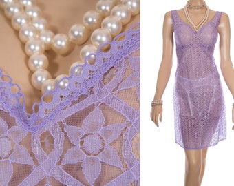 Glamorous 'Susa' vintage full slip. Sexy semi-transparent all over floral lace design sheer lavender nylon 1980's underskirt - 3982