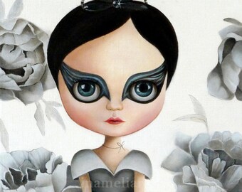 Black swan pop surrealism big eyed, swan girl art PRINT queer art fairytale, ooak blythe, girl portrait, floral art, blythe girl painting