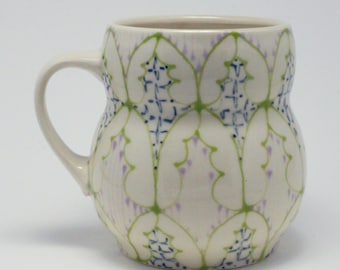 Handmade Wheel Thrown Ceramic Mug with Kiwi, Navy and Faded Pink Pattern
