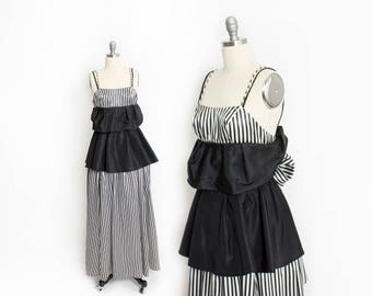Vintage GUNNE SAX Dress - 1980s Black & White Stripe full Length Party Prom Gown - XXS Extra Small