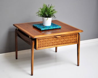 PAIR of Lane Perception End Tables - Wood with Brass and Weave Accents