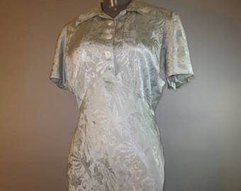 1940's Silk Gown, Lingerie // KAKUYO & Co. // Light Blue Silk Brocade, Collar, Front Buttons, Empire Waist, Bias Cut, Maxi Length...large