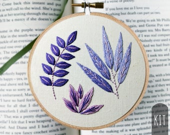 Hand Embroidery Kit DIY Stitching Project Box Amethyst Purple Botanical Leaves