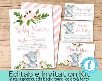 Elephant Baby Shower Invitation Kit, Safari Floral Invitation Set, Editable Shower invitation Suite, Girl Elephant Invite, Instant Download