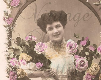 Antique French Tinted Photo Postcard Pretty Woman with Flowers in Wood Frame RPPC from Vintage Paper Attic