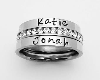 3 pc. set,Personalized stacking rings, Mom's ring, Eternity Band, Name ring, stacking name rings, wedding ring, CZ ring,Inspired ring,