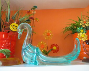 Vintage 1970s Retro Aqua Blue Lucite Acrylic Swan Bathroom Decor Soap Dish Sculpture