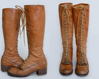 70s Frye Knee High Lace Up Caramel Brown Leather Extra Tall Engineer Work Boots Womens 7.5