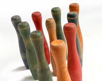 small vintage bowling pins, 10 amazing colorful skittles, primary colors, wooden toy, from Elizabeth Rosen