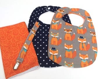 Nerdy Baby Gift, Baby Boy Gift, Woodland Boy Nursery, Baby Fox Items, Orange, Baby Gift Set, Baby Boy Bib, Baby Burp Cloth, Pacifier Clip