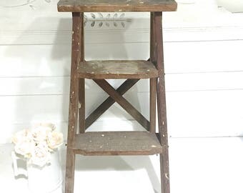 Vintage Wood Step Ladder Rustic Farmhouse Ladder
