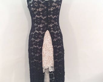 Vintage 1980s 1990s black lace sheer see through top dress slits sleeveless