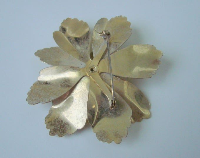 Vintage Yellow & Brown Floral Polka Dot Enamel Metal Brooch / Gold Accents