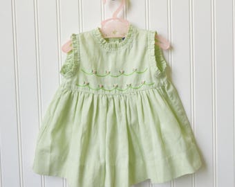 Baby Girls 80s Sundress, Lime Green, Pink Rose Bud Embroidery, Carriage Boutiques, Size 0-3 Month, Friedknit Creations, Cotton Doll Dress